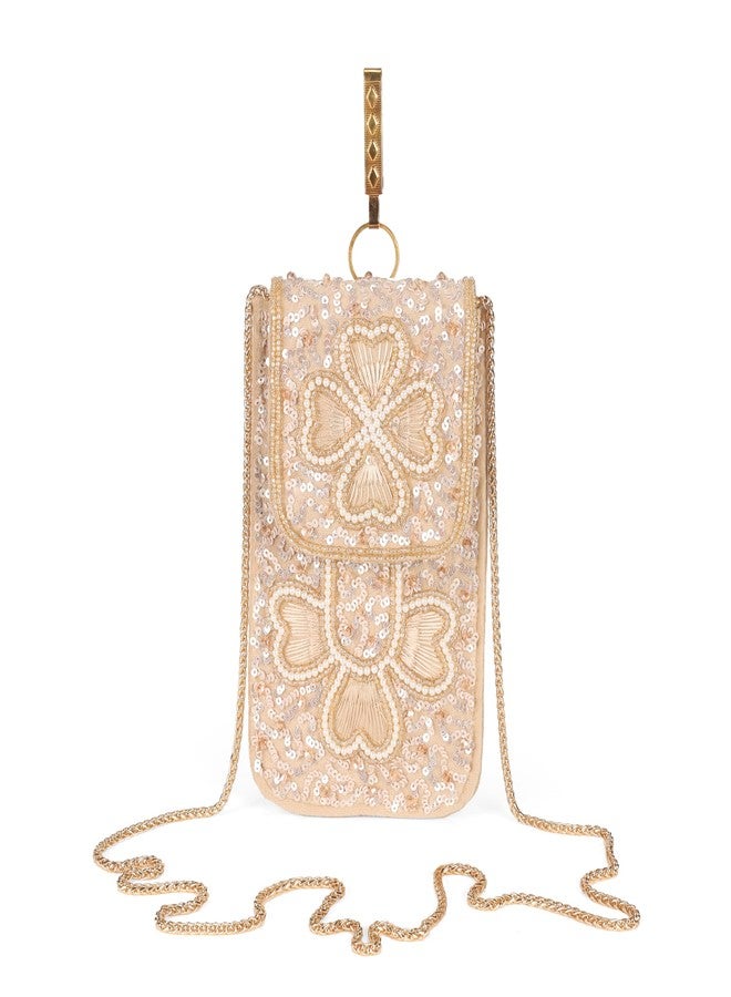 JI ACCESSORIES Velvet Saree Clutch Mobile Pouch Waist Clip Ladies Purse Gift For Women (FLOWER LIGHT BROWN) - Image 2